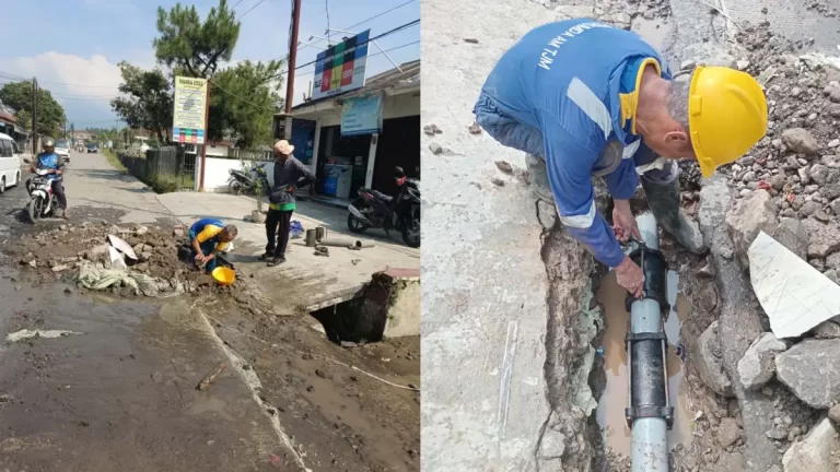 Perusahaan Umum Daerah Air Minum (Perumdam) Tirta Jaya Mandiri (TJM) Kabupaten Sukabumi Cabang Cidahu melakukan perbaikan kebocoran pipa berdiameter 4 inch di dekat Perumahan Bukit Cidahu Asri, Desa Pondokkasotonggoh, Kecamatan Cidahu, pada Senin (8/9/2025).
